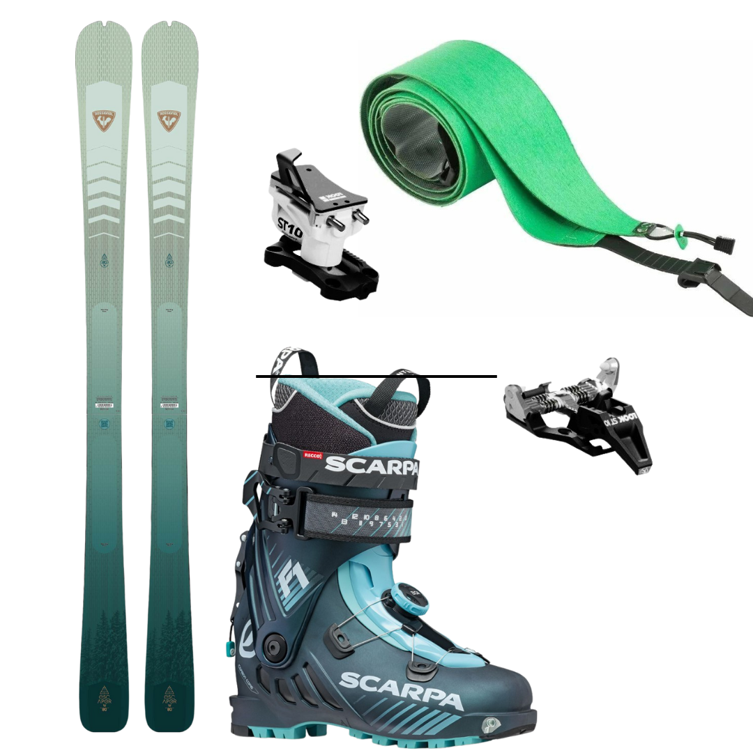 KIT SKI - Skis Rossignol Escaper W 80 + fixations de ski Look ST 10 + chaussures de ski aquatique Scarpa F1 wmn anthracite + sangles de ski Rossignol L2 Skin Escaper 80